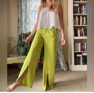 HAPPILY GREY Pleated Wide Leg Bottom Slit Trousers In Lime Green. Size 3 NWT